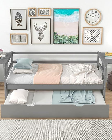 Merax Classic Wood Daybed with Trundle Twin/Twin Sofa Bed with Two Foldable Shelves for Bedroom Living Room,No Box Spring Needed,Space Saving Gray - LeafyLoom