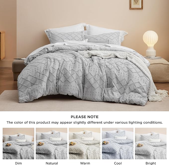 Bedsure Twin/Twin XL Comforter Set - Light Grey Boho Twin Extra Long Comforter Set for College, Shabby Chic Dorm Bedding Set, 2 Pieces Modern Farmhouse Bed Set, includes 1 Pillow Sham - LeafyLoom