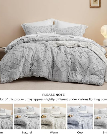 Bedsure Full Size Comforter Set - Light Grey Comforter, Boho Tufted Shabby Chic Bedding Comforter Set, 3 Pieces Farmhouse Bed Set for All Seasons, Fluffy Soft Bedding Set with 2 Pillow Shams - LeafyLoom