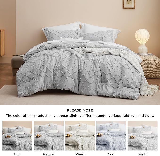 Bedsure Full Size Comforter Set - Light Grey Comforter, Boho Tufted Shabby Chic Bedding Comforter Set, 3 Pieces Farmhouse Bed Set for All Seasons, Fluffy Soft Bedding Set with 2 Pillow Shams - LeafyLoom