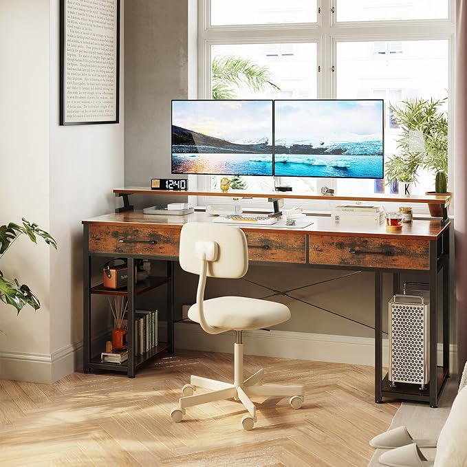 ODK Computer Desk with Drawers and Storage Shelves, 63 inch Home Office desk with Monitor Stand, Modern Work Study writing table Desk for Small Spaces, Vintage - LeafyLoom