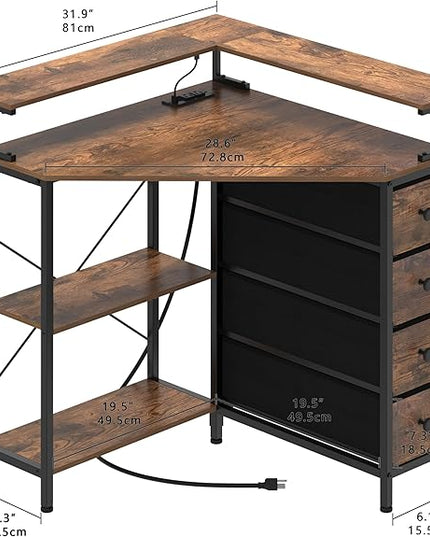 Corner Desk with Drawers Shelves for Small Space 90 Degrees Triangle Computer Desk with Power Outlets,Gaming Desk with LED Lights Monitor Stand for Home Office Workstation Writing Table (Brown) - LeafyLoom