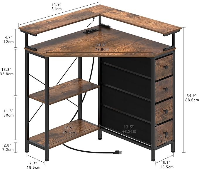 Corner Desk with Drawers Shelves for Small Space 90 Degrees Triangle Computer Desk with Power Outlets,Gaming Desk with LED Lights Monitor Stand for Home Office Workstation Writing Table (Brown) - LeafyLoom