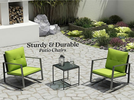 3 Piece Rocking Bistro Set - Synthetic Wicker Outdoor Furniture - Glass Coffee Table with 2 Chairs for Balcony, Patio & Porch - Black Metal, Soft Cushions (Green) - LeafyLoom