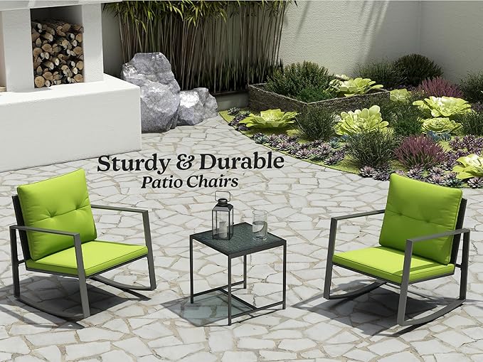 3 Piece Rocking Bistro Set - Synthetic Wicker Outdoor Furniture - Glass Coffee Table with 2 Chairs for Balcony, Patio & Porch - Black Metal, Soft Cushions (Green) - LeafyLoom