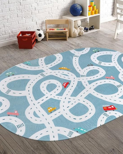 Large Kids Playroom Rug, 4'x6' Washable Road Rug for Nursery, Non-Slip Fun Area Rug for Kids Room, Blue Car Rug Play Mat Soft Baby Carpet for Boys Girls Dorm Toy Room Tent - LeafyLoom