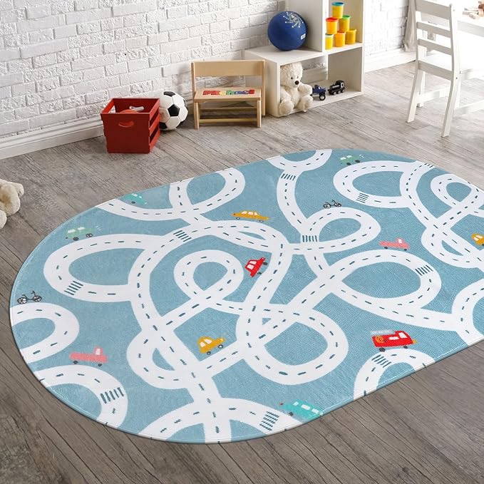 Large Kids Playroom Rug, 4'x6' Washable Road Rug for Nursery, Non-Slip Fun Area Rug for Kids Room, Blue Car Rug Play Mat Soft Baby Carpet for Boys Girls Dorm Toy Room Tent - LeafyLoom
