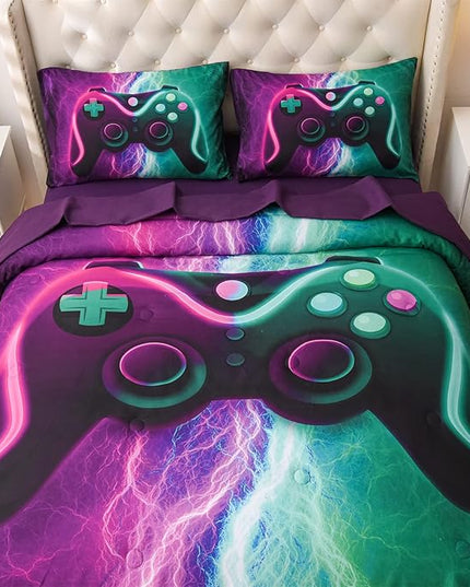 Meeting Story Gamer Gaming Bedding Sets Black Pink Lightnings Gamepad Comforter Set for Boys Games Console Action Buttons Novelty Colorful Modern Room Decor Home Quilt Set (Green-Purple, Twin 5Pcs) - LeafyLoom