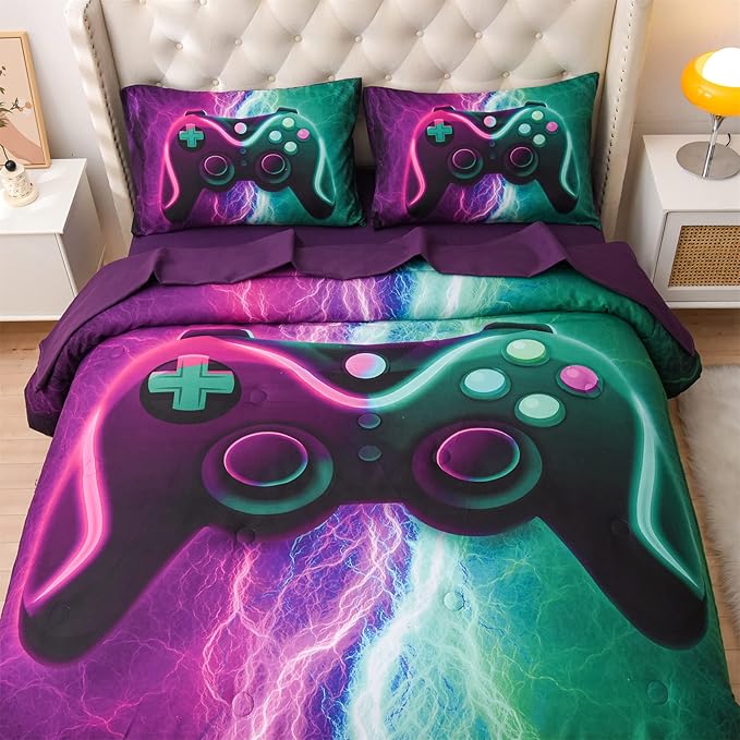 Meeting Story Gamer Gaming Bedding Sets Black Pink Lightnings Gamepad Comforter Set for Boys Games Console Action Buttons Novelty Colorful Modern Room Decor Home Quilt Set (Green-Purple, Twin 5Pcs) - LeafyLoom