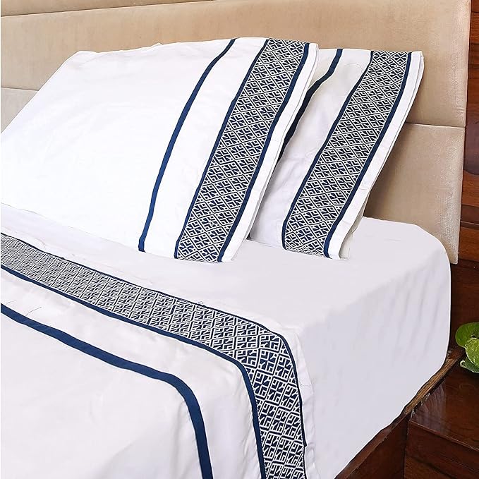 Egyptian Cotton Sheets King Size - 1000 Thread Count, 4Pc King Size Sheets Set, Smooth Sateen Weave King Sheets, 18" Deep Ultra Luxury Sheets, King Sheet Set - Navy Blue Embroidered White Sheets - LeafyLoom
