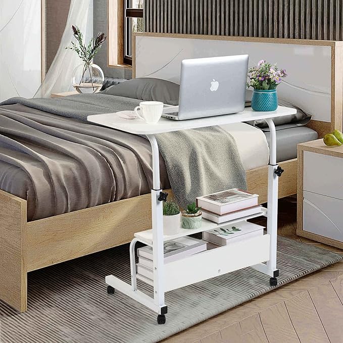Adjustable White Home Office Desk with Storage and Detachable Wheels - 15.7 x 31.5 Inch - LeafyLoom