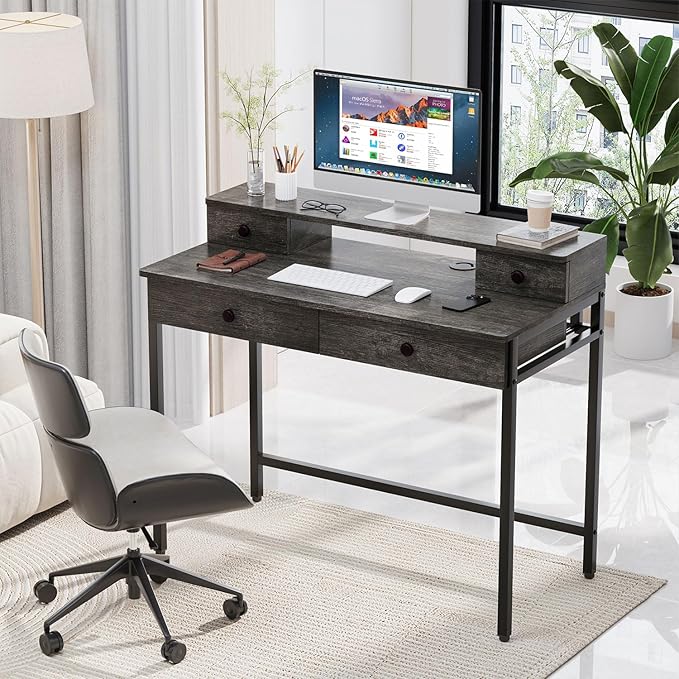 Elephance Small Computer Desk with Monitor Stand 39.37" Home Office Desk with 4 Drawers Study Writing Desk Gaming Table for Small Space - LeafyLoom