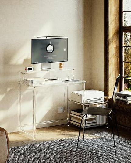 Eglaf Acrylic Desk with Printer Space - Home Office Desk Computer Desk with Power Outlet, Monitor Stand, for Study Working Writing Gaming, 44.5'' L x 18.9'' W x 35.8'' H, Clear - LeafyLoom