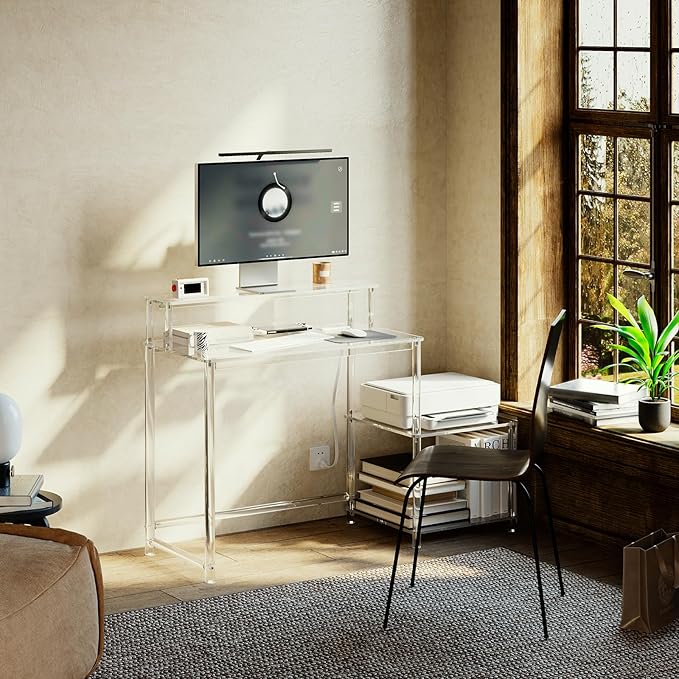 Eglaf Acrylic Desk with Printer Space - Home Office Desk Computer Desk with Power Outlet, Monitor Stand, for Study Working Writing Gaming, 44.5'' L x 18.9'' W x 35.8'' H, Clear - LeafyLoom