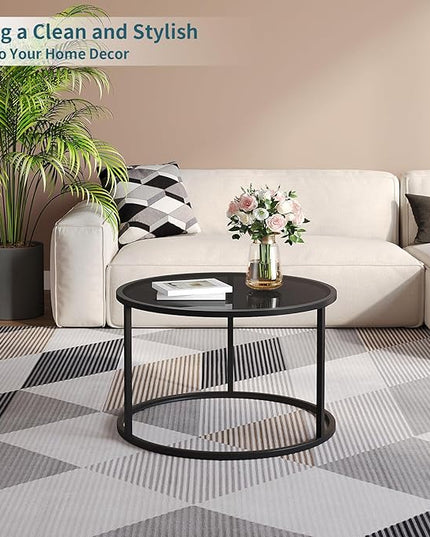 SAYGOER Black Glass Coffee Table Small Round Coffee Tables 27.6In Modern Tempered Glass-Top Accent Center Table for Living Room Home Office Small Space Easy Assembly - LeafyLoom