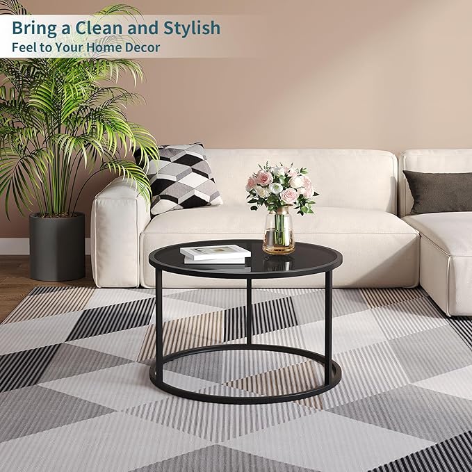 SAYGOER Black Glass Coffee Table Small Round Coffee Tables 27.6In Modern Tempered Glass-Top Accent Center Table for Living Room Home Office Small Space Easy Assembly - LeafyLoom