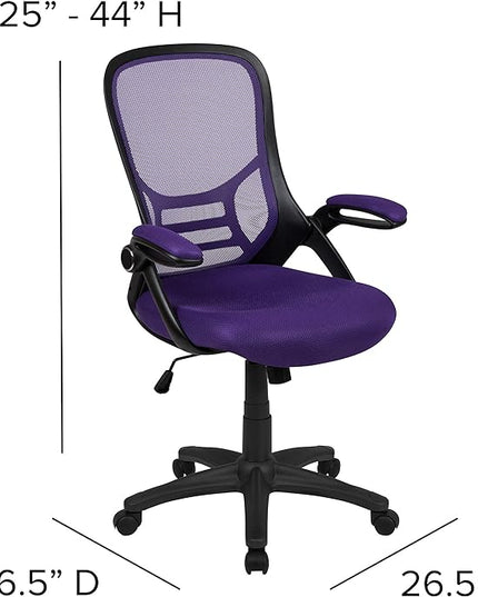 Flash Furniture Porter High-Back Swivel Office Chair with Adjustable Lumbar Support and Seat Height, Ergonomic Mesh Desk Chair with Flip-Up Armrests, Purple/Black - LeafyLoom