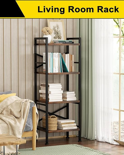 4 Tier Book Shelf, Small Bookshelf Storage Organizer, Tall Narrow Bookcase with Storage Shelves, Wooden Industrial Office Shelves for Bedroom, Living Room, Rustic Brown - LeafyLoom