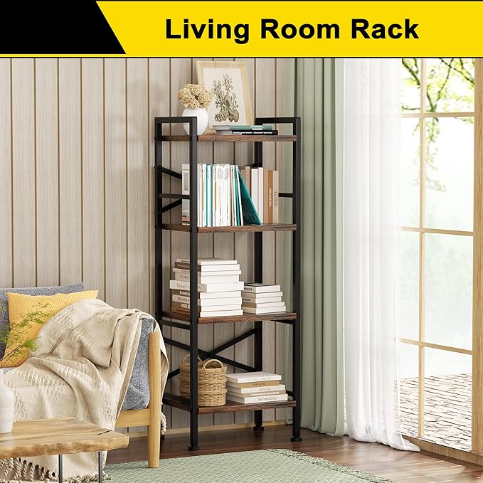 4 Tier Book Shelf, Small Bookshelf Storage Organizer, Tall Narrow Bookcase with Storage Shelves, Wooden Industrial Office Shelves for Bedroom, Living Room, Rustic Brown - LeafyLoom