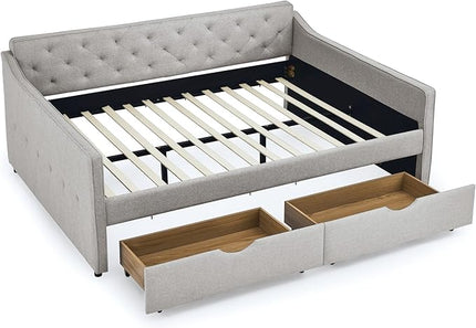 Queen Size Daybed with 2 Drawers, Upholstered Tufted Sofa Bed, with Button Back and Waved Shape Arms, Wood Slat Support, No Spring Box Need, for Bedroom, Livingroom - LeafyLoom