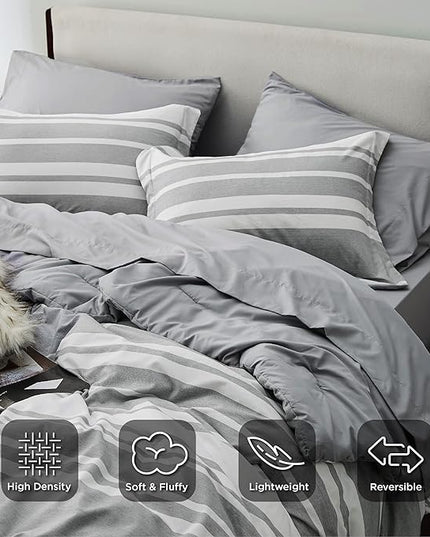 Bedsure King Size Comforter Set - 7 Pieces King Bedding Sets All Season Bed Set, Grey White Striped Bed in a Bag with Comforter, Sheets, Pillowcases & Shams - LeafyLoom