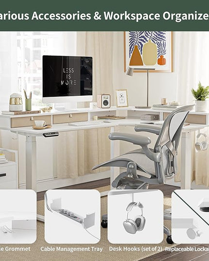 FEZIBO Triple Motor 63" L Shaped Standing Desk with 3 Drawers, Electric Standing Gaming Desk Adjustable Height, Corner Stand up Desk with Splice Board, White Frame/White Top - LeafyLoom