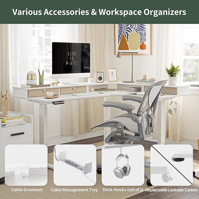 FEZIBO Triple Motor 63" L Shaped Standing Desk with 3 Drawers, Electric Standing Gaming Desk Adjustable Height, Corner Stand up Desk with Splice Board, White Frame/White Top - LeafyLoom