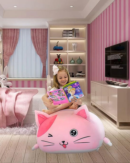 Cute Cat Bean Bag Chair for Kids, Pink Stuffed Animal Storage Beanbag Chairs for Girls Room Decor, Extra Large Size, Velvet Super Soft Cover Only - LeafyLoom