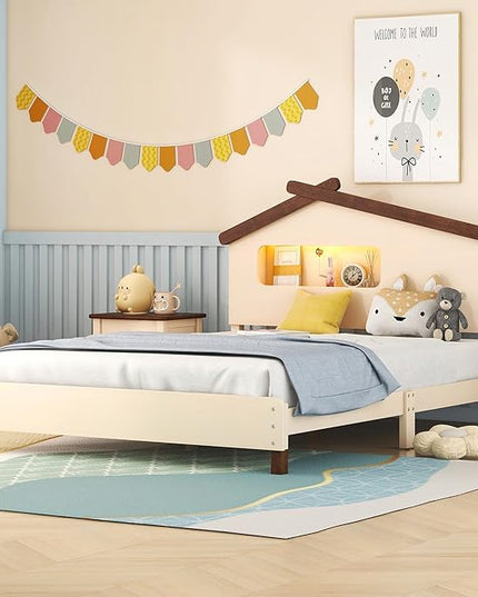 Bellemave Full Size Platform Bed with House-Shaped Headboard and Motion Activated Night Lights,Wood Full Kids Bed Frame for Teens, Girls,Boys(Full,Cream) - LeafyLoom