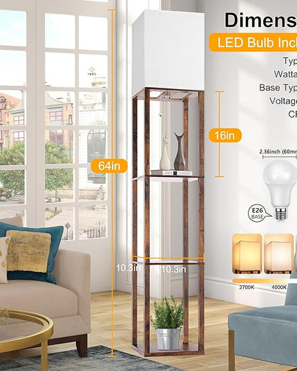 Floor Lamp with Shelves for Living Room Brown, Shelf Floor Lamp with 3 CCT LED Bulb, Corner Display Standing Column Lamp Etagere Organizer Tower Nightstand with White Linen Shade for Bedroom - LeafyLoom