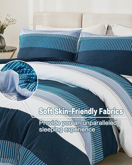 Litanika Navy Blue Comforter Queen Size Set, 3 Pieces Bedding Set, Double Blue White Colorblock Stripe (90x90In Comforter, 2 Pillowcases) - LeafyLoom