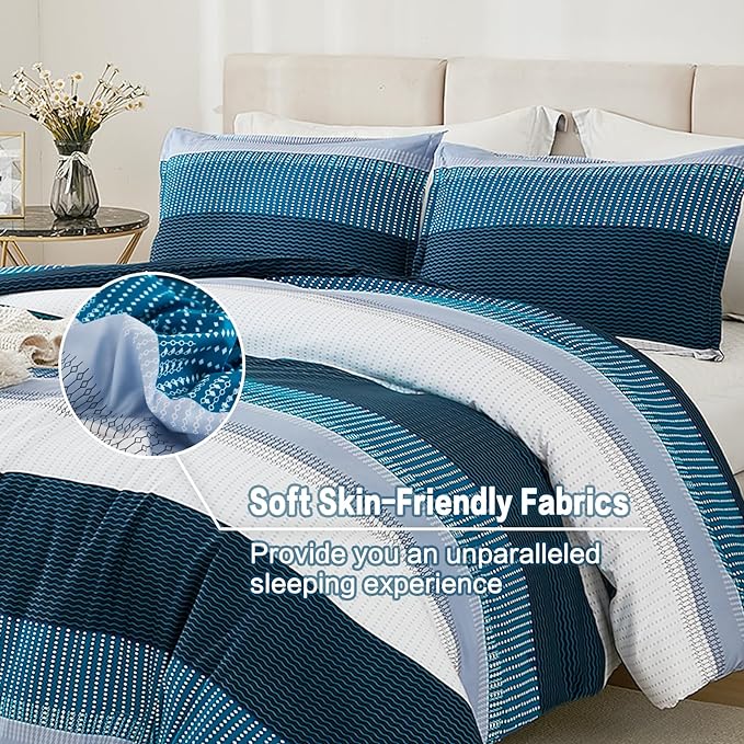 Litanika Navy Blue California King Comforter Set - 3 Pieces Cal King Oversized Lightweight Summer Colorblock Stripe Bedding Set (104x96In, 2 Pillowcases) - LeafyLoom