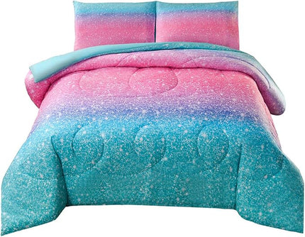 JQinHome Queen 3Pcs Glitter Comforter Sets for Girls, 3D Colorful Duvet Pink Rainbow Themed Bedding, All-Season Reversible Quilted Duvet,for Girls Women- includes 1 Comforter, 2 Pillowcases - LeafyLoom