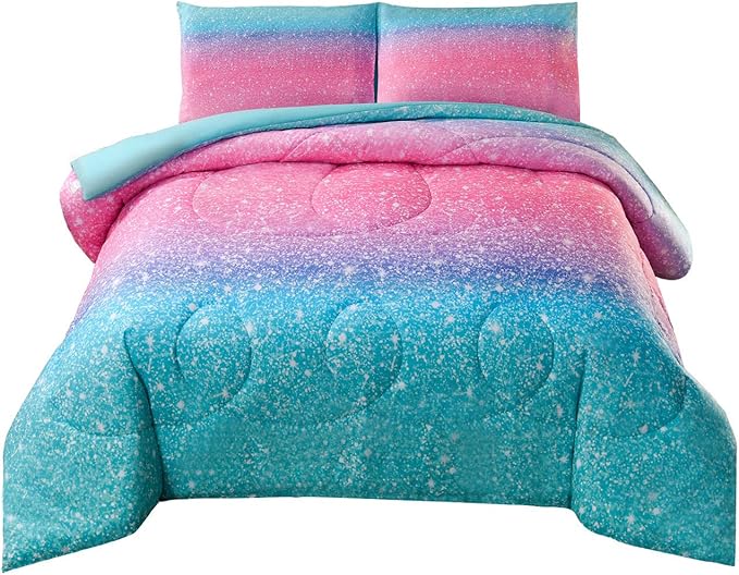 JQinHome Queen 3Pcs Glitter Comforter Sets for Girls, 3D Colorful Duvet Pink Rainbow Themed Bedding, All-Season Reversible Quilted Duvet,for Girls Women- includes 1 Comforter, 2 Pillowcases - LeafyLoom