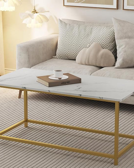 SAYGOER White Faux Marble Coffee Table Simple Modern Rectangular Coffee Tables Open Design Minimalist Center Table for Living Room Office, 39.37 x 19.69 x 17.72, White Gold - LeafyLoom