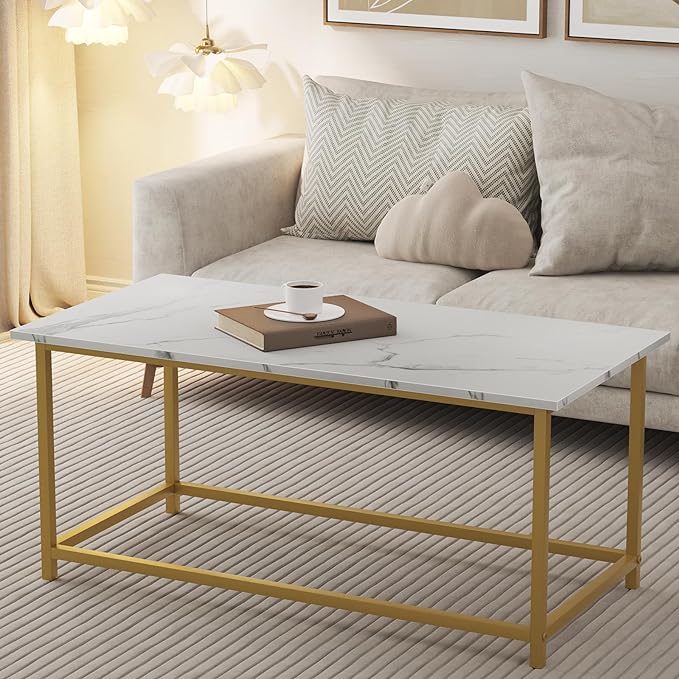 SAYGOER White Faux Marble Coffee Table Simple Modern Rectangular Coffee Tables Open Design Minimalist Center Table for Living Room Office, 39.37 x 19.69 x 17.72, White Gold - LeafyLoom