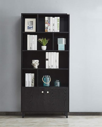 Modern Bookcase with 2 doors 68" Tall Storage Wooden Bookshelf with 7 Compartments for Home Office, Black - LeafyLoom