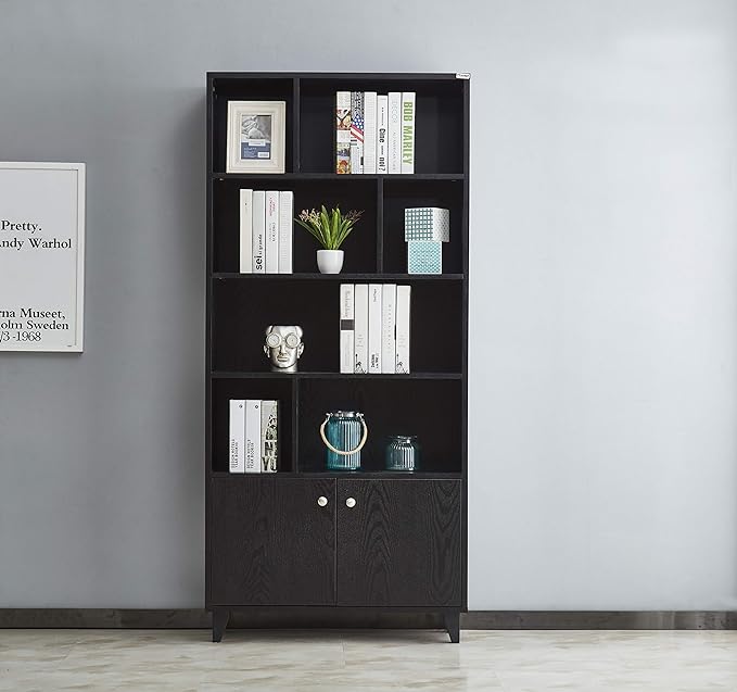 Modern Bookcase with 2 doors 68" Tall Storage Wooden Bookshelf with 7 Compartments for Home Office, Black - LeafyLoom
