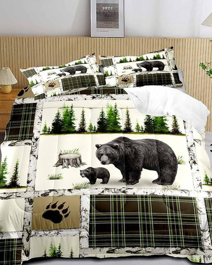 LUVIVIHOME 3PCS Rustic Cabin Bedding, Black Bear Comforter Set Queen Size, Country Lodge Farmhouse Forest Animal Wildlife Hunting Log Cabin Bedroom Decor, Green Plaid Patchwork Quilt, 2 Pillow Shams - LeafyLoom
