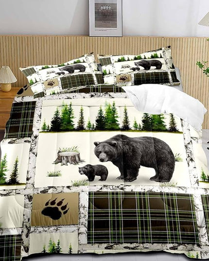 LUVIVIHOME 3PCS Rustic Cabin Bedding, Black Bear Comforter Set King Size, Country Lodge Farmhouse Forest Animal Wildlife Hunting Log Cabin Bedroom Decor, Green Plaid Patchwork Quilt, 2 Pillow Shams - LeafyLoom