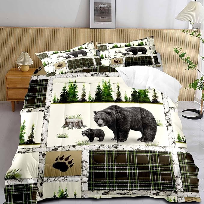 LUVIVIHOME 3PCS Rustic Cabin Bedding, Black Bear Comforter Set King Size, Country Lodge Farmhouse Forest Animal Wildlife Hunting Log Cabin Bedroom Decor, Green Plaid Patchwork Quilt, 2 Pillow Shams - LeafyLoom