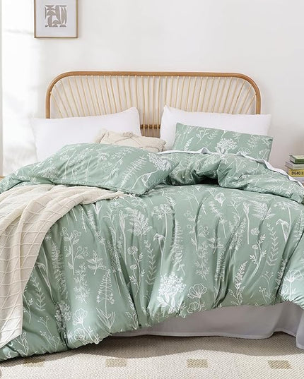 JANZAA California King Comforter Set Sage Green Comforter 3 PCS Bedding Sets Floral Comforter Set Plant Flowers Printed on Fluffy Comforter Set with 2 Pillow Cases for All Season - LeafyLoom