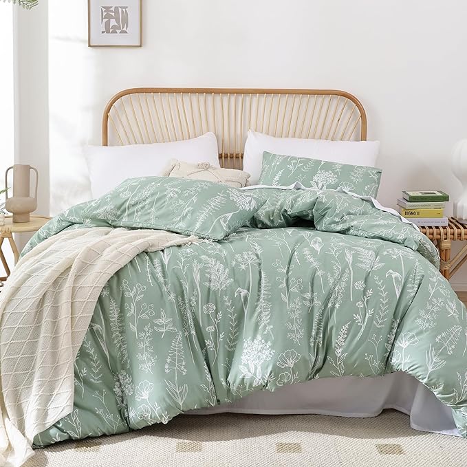 JANZAA King Comforter Set Sage Green Comforter,3 PCS Bedding Sets Floral Comforter Set Plant Flowers Printed on Fluffy Comforter Set for All season - LeafyLoom