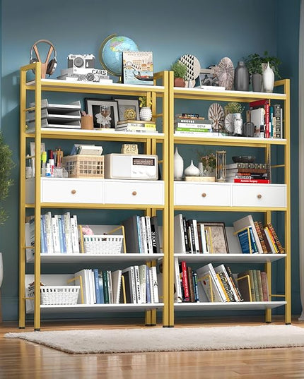 Bookshelf with Drawers- Widen Industrial Book Shelf with Bookend, 5 Tiers Tall Storage Shelves, Steel Frame Display Rack, Suitable for Bedroom, Office, Living Room-27'' Depth White - LeafyLoom
