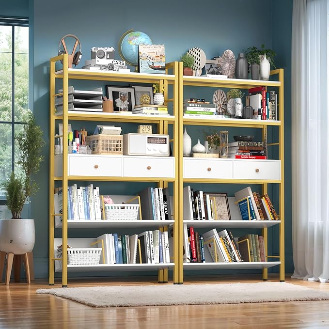Bookshelf with Drawers- Widen Industrial Book Shelf with Bookend, 5 Tiers Tall Storage Shelves, Steel Frame Display Rack, Suitable for Bedroom, Office, Living Room-27'' Depth White - LeafyLoom
