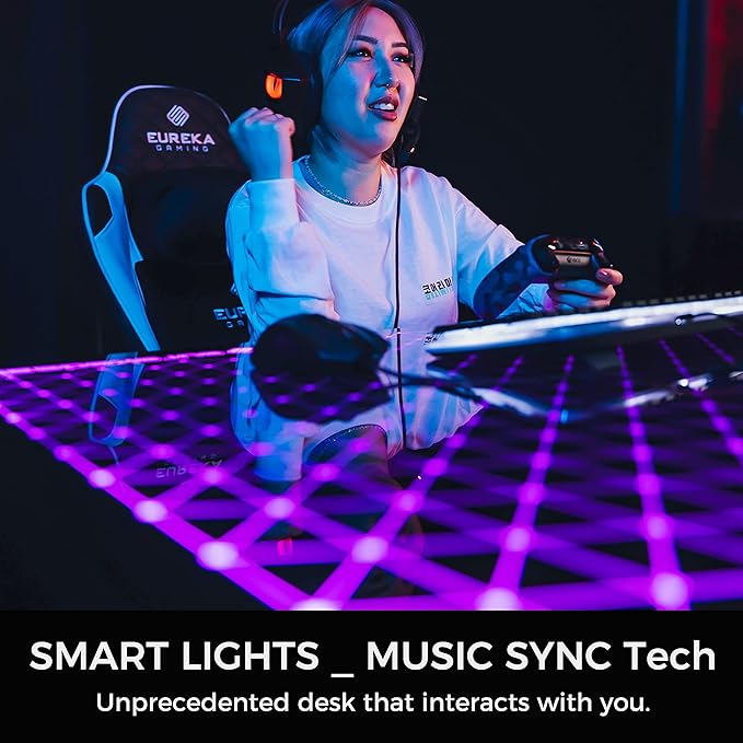 EUREKA ERGONOMIC RGB LED Lights 60 Inch L Shaped Reversible Black Glass Gaming Desk Home Office Computer Table GTG L60 - LeafyLoom