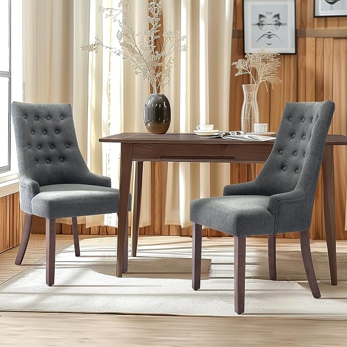COLAMY Wingback Upholstered Dining Chairs Set of 2, Fabric Side Dining Room Chairs with Tufted Button, Living Room Chairs for Home Kitchen- Dark Grey - LeafyLoom