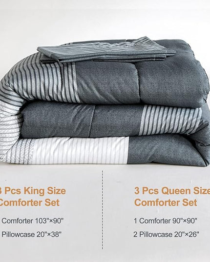 Dark Grey Comforter Set King, Reversible Dark Grey Striped Down Alternative Comforter for King Bed,3 Pieces (1 Comforter+2 Pillowcases), Soft Microfiber Bedding Duvet Set 104 inch X 90 inch - LeafyLoom