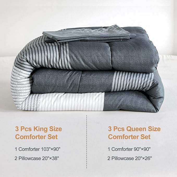 Dark Grey Comforter Set King, Reversible Dark Grey Striped Down Alternative Comforter for King Bed,3 Pieces (1 Comforter+2 Pillowcases), Soft Microfiber Bedding Duvet Set 104 inch X 90 inch - LeafyLoom