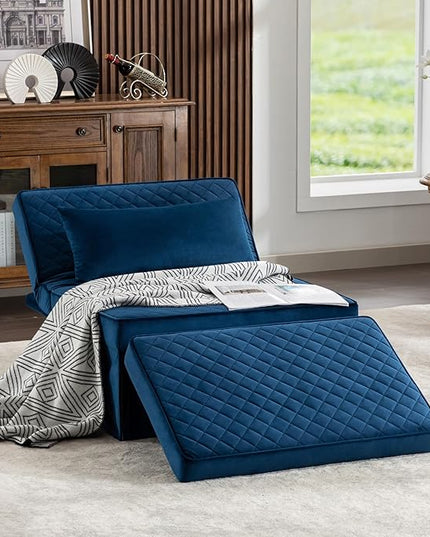 Sofa Bed, 4 in 1 Multi-Function Folding Ottoman Breathable Velvet Couch Bed with Adjustable Backrest Modern Convertible Chair for Living Room Apartment Office,Squared-Blue - LeafyLoom